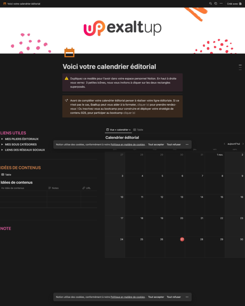Templates Notion calendrier éditorial Exaltup